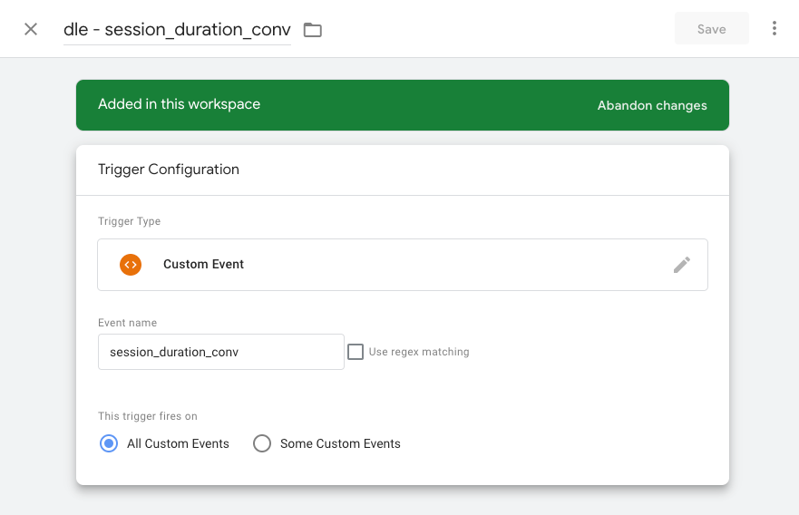 Screenshot of GTM UI for adding a custom event